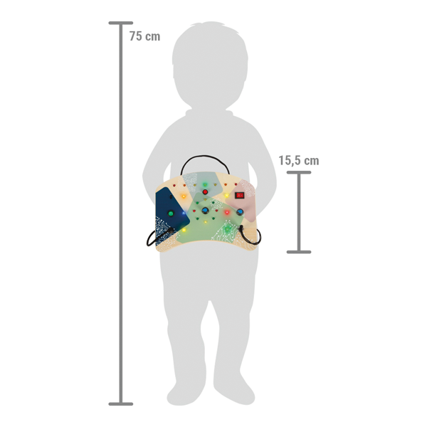 Ilustração mostrando o tamanho do Quadro de Atividades Luzes LED Small foot em comparação com uma criança, destacando suas dimensões de 15,5 cm e 75 cm.