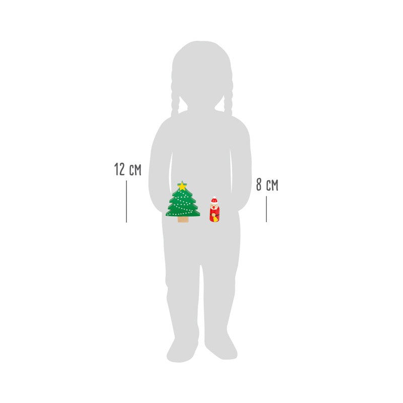 Ilustração comparativa mostrando as dimensões das peças do set (árvore 12 cm, Pai Natal 8 cm) em relação à silhueta de uma criança.