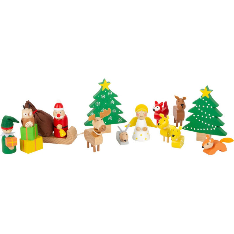 Conjunto completo de 17 figuras de madeira Small Foot com Pai Natal, anjo, animais da floresta e árvores de Natal, ideal para brincadeiras temáticas.