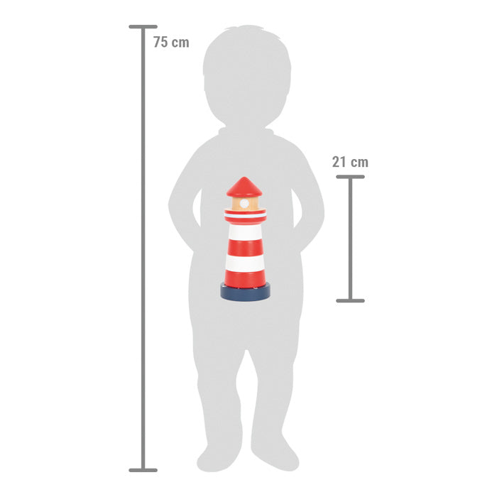 Comparação de tamanho da Torre de Empilhar Farol small foot com uma criança, mostrando as dimensões do brinquedo.