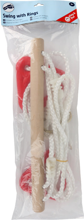 Imagem principal do trapézio Small Foot com argolas, mostrando a barra de madeira suspensa por cordas resistentes, pronto para uso.