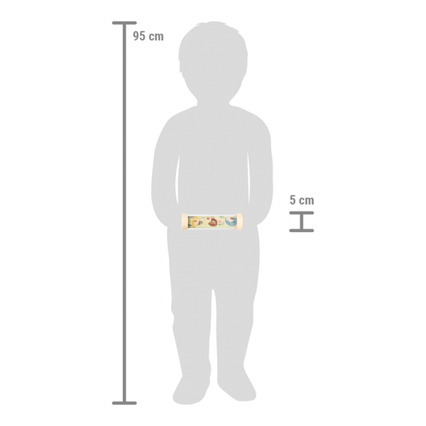 Diagrama de escala mostrando o tamanho do tubo quebra-cabeça (5 cm de altura) em comparação com a altura de uma criança (95 cm).