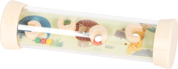 Detalhe do segundo lado do tubo quebra-cabeça "small foot", exibindo um labirinto com animais como elefante, leão e girafa, e pequenas bolas coloridas.