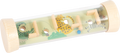 Tubo quebra-cabeça de madeira e plástico com labirinto duplo, mostrando um lado com animais selvagens (crocodilo, leopardo, zebra) e uma bola de madeira.
