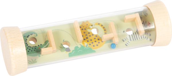 Tubo quebra-cabeça de madeira e plástico com labirinto duplo, mostrando um lado com animais selvagens (crocodilo, leopardo, zebra) e uma bola de madeira.