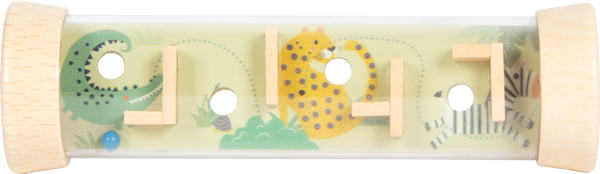 Vista frontal e detalhada do tubo quebra-cabeça de labirinto com decorações de animais da selva (crocodilo, leopardo, zebra) e obstáculos de madeira.