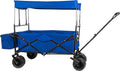 Carrinho vagon desdobrável Small Foot em tecido azul, com estrutura metálica, pronto para uso em passeio.