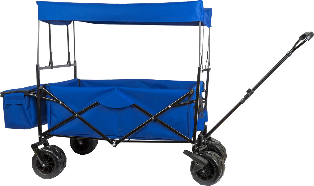 Carrinho vagon desdobrável Small Foot em tecido azul, com estrutura metálica, pronto para uso em passeio.