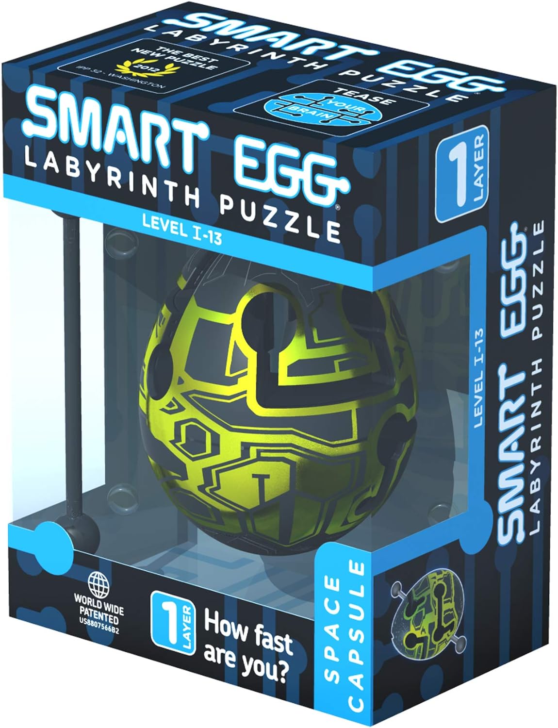 Caixa do Smart Egg Labirinto Ovo, mostrando o ovo em destaque e informações sobre o nível de dificuldade e o número de camadas.