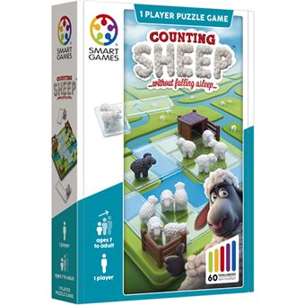 Caixa do jogo Smartgames Counting Sheep, mostrando as ovelhas, o tabuleiro e a informação do jogo.