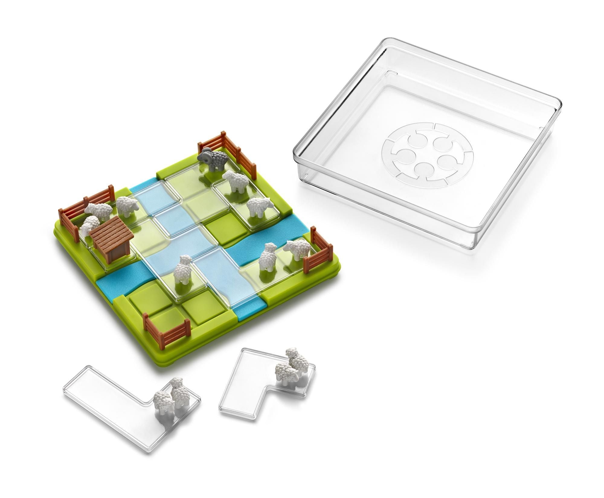 Todas as peças do jogo Smartgames Counting Sheep separadas, mostrando os componentes individualmente.