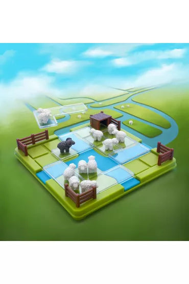 Imagem aérea do jogo Smartgames Counting Sheep, mostrando o tabuleiro e as peças organizadas num cenário de pasto.