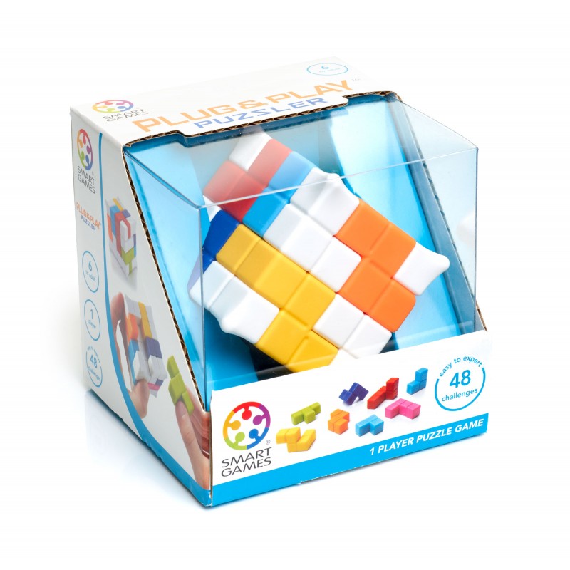 SmartGames Cubo Plug & Play Puzzle na sua embalagem, mostrando as peças coloridas e o nível de dificuldade dos desafios.