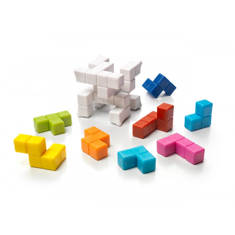 Várias peças do SmartGames Cubo Plug & Play Puzzle separadas, mostrando a variedade de formas e cores disponíveis.