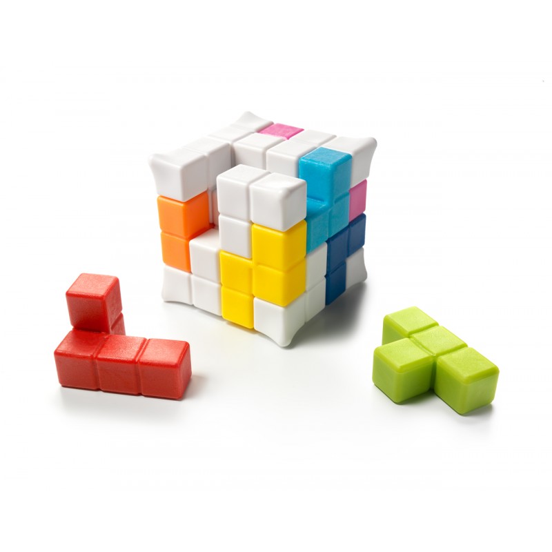 Imagem de detalhe das peças coloridas do SmartGames Cubo Plug & Play Puzzle, destacando a qualidade e o design das peças.