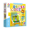 Caixa do jogo de lógica SmartGames Dress Code, mostrando o suporte de camadas e exemplos de desafios de vestuário por clima.