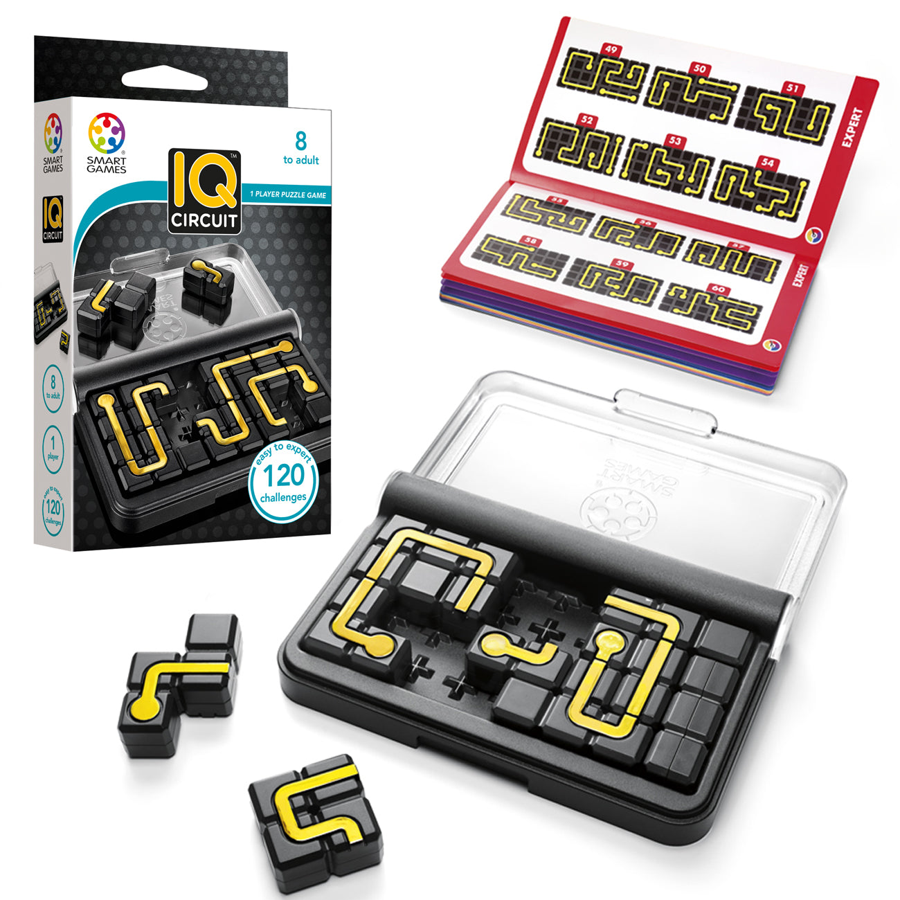 Tabuleiro compacto do jogo de lógica SmartGames IQ Circuit com peças de puzzle coloridas e pontos a ligar.