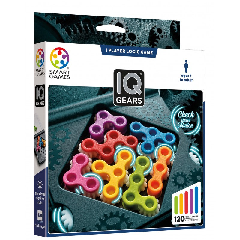 Caixa do jogo de lógica SmartGames IQ Gears, mostrando as 7 engrenagens coloridas encaixadas no tabuleiro.