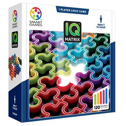 Caixa do jogo SmartGames IQ Matrix mostrando as 9 peças coloridas e o tabuleiro 6x6 com um desafio resolvido.