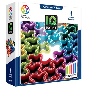Caixa do jogo SmartGames IQ Matrix mostrando as 9 peças coloridas e o tabuleiro 6x6 com um desafio resolvido.