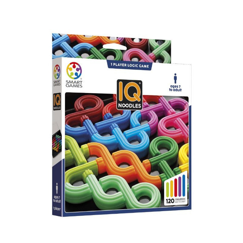 Caixa do jogo de lógica SmartGames IQ Noodles, exibindo as 11 peças sinuosas e coloridas e a informação "120 Desafios".