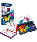 Conjunto completo do SmartGames IQ Waves: caixa, tabuleiro com peças coloridas e livro de 120 desafios abertos.