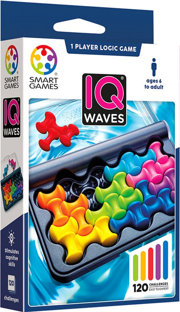 Caixa do jogo de lógica SmartGames IQ Waves, mostrando as peças coloridas translúcidas encaixadas na grelha.