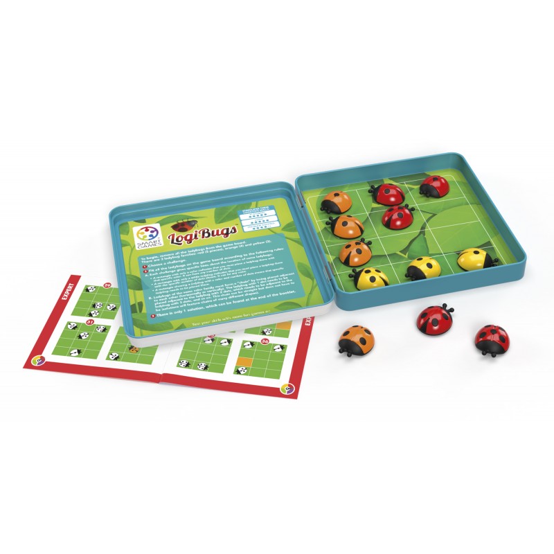 Jogo SmartGames LogiBugs aberto, mostrando o tabuleiro, as peças magnéticas e o livro de desafios.