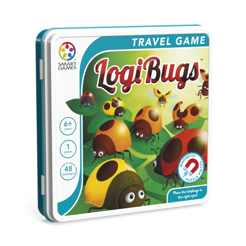 Caixa do jogo SmartGames LogiBugs, mostrando as joaninhas coloridas e informações sobre o número de desafios e idade recomendada.