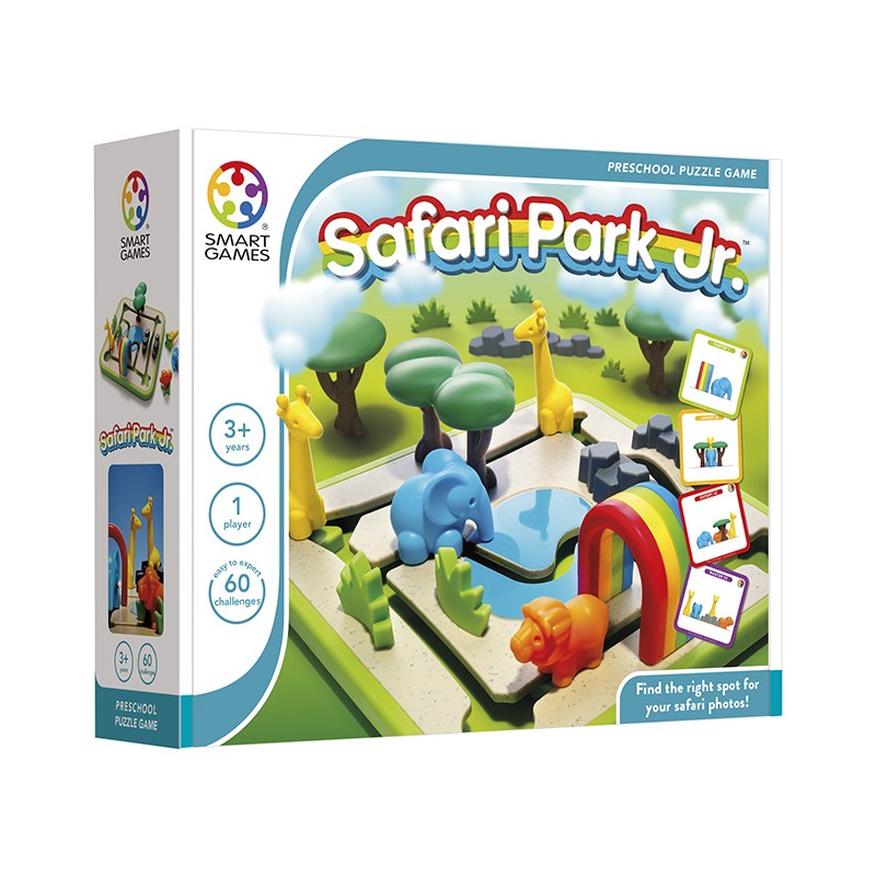Caixa do jogo SmartGames Safari Park Jr., mostrando a imagem do jogo, animais e o número de desafios. Ideal para crianças a partir dos 3 anos.
