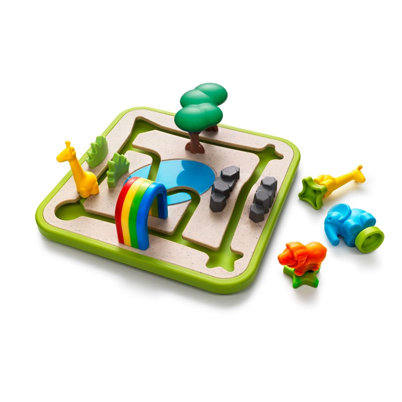 Caixa do jogo SmartGames Safari Park Jr., mostrando a imagem do jogo, animais e o número de desafios. Ideal para crianças a partir dos 3 anos.
