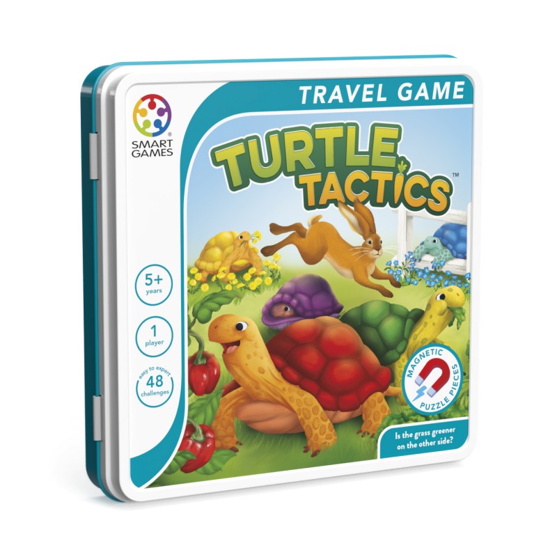 Caixa do jogo SmartGames Turtle Tactics, mostrando a ilustração colorida de tartarugas e uma lebre, com detalhes sobre o número de desafios e a idade recomendada.