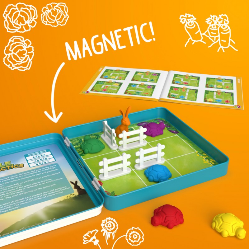 Imagem em close do tabuleiro de jogo SmartGames Turtle Tactics, destacando as peças magnéticas e o design colorido.