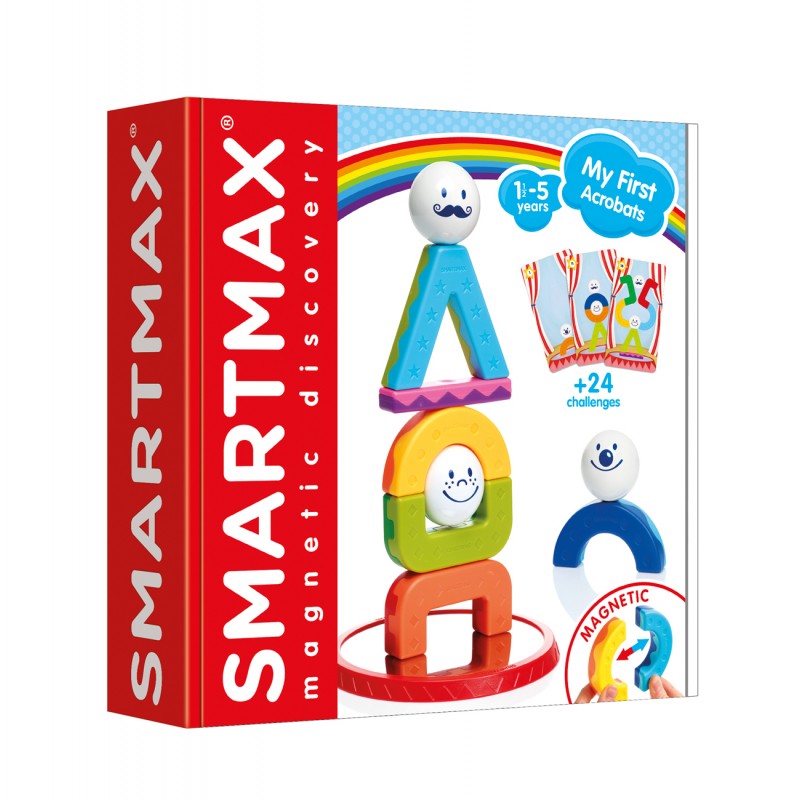 Caixa do SmartMax My First Acrobats mostrando as peças e as possibilidades de construção. Ideal para crianças entre 18 meses e 5 anos.