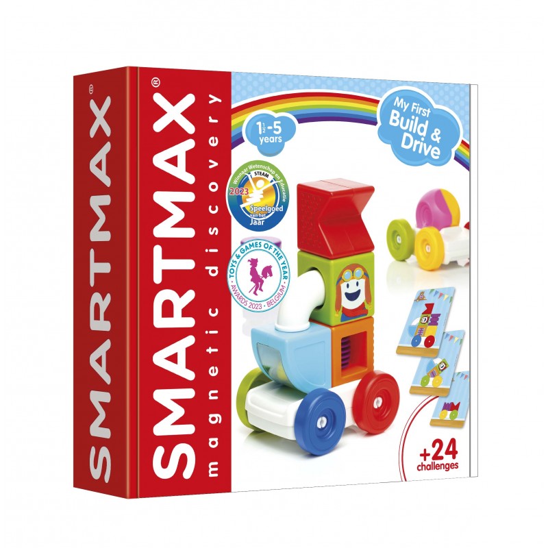 Caixa do SmartMax My First Build & Drive, mostrando as peças coloridas e um carro construído com elas. Ideal para crianças de 1 a 5 anos.