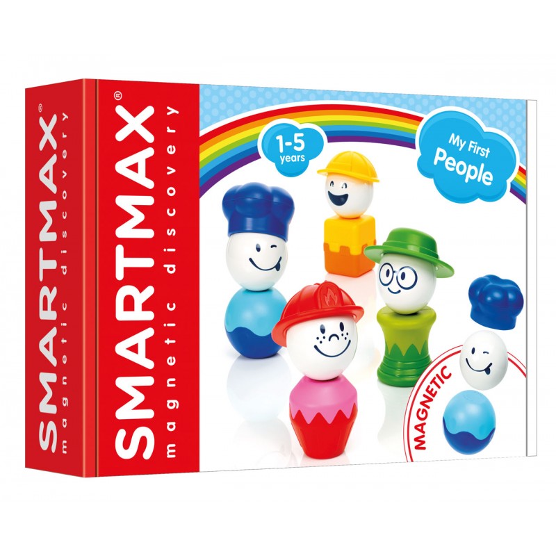 Caixa do jogo SmartMax My First People com as figuras magnéticas coloridas e sorridentes. Ideal para crianças entre 1 e 5 anos.