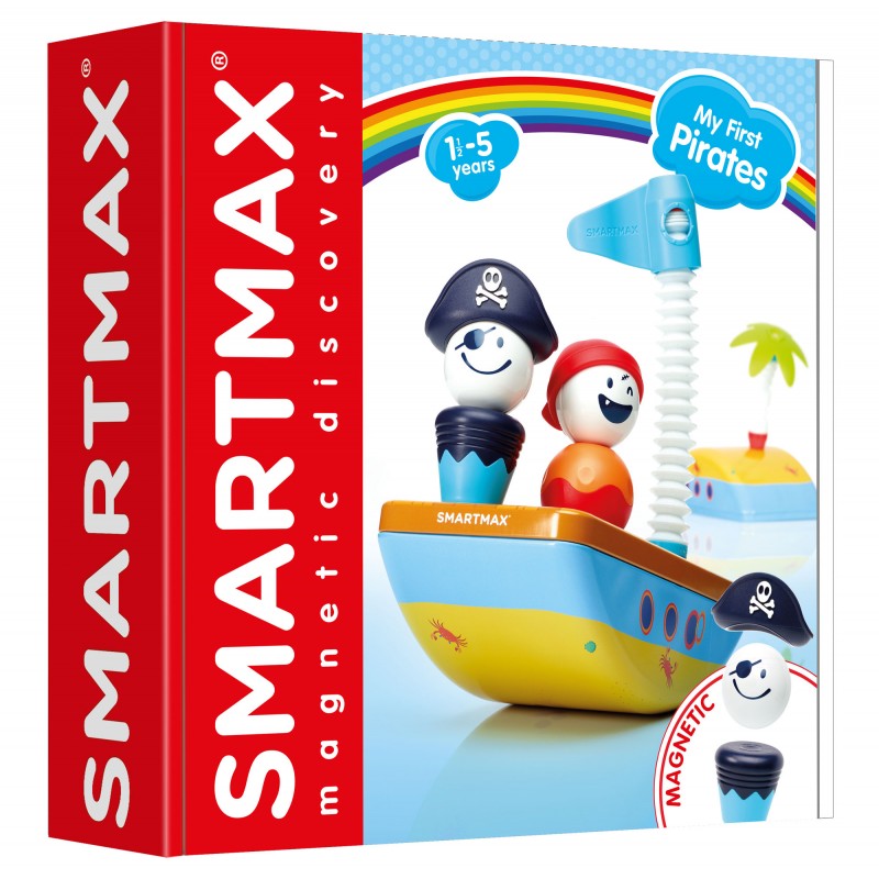 Caixa do SmartMax My First Pirates mostrando o navio pirata magnético e as figuras de piratas, ideal para crianças de 1 a 5 anos.