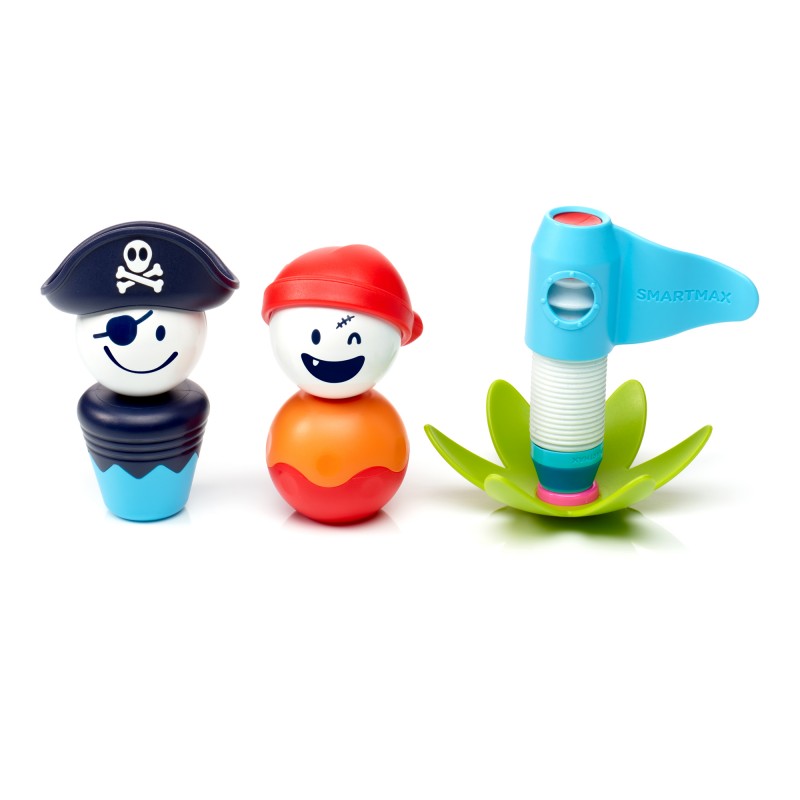 Peças separadas do SmartMax My First Pirates: duas figuras de pirata magnéticas e um mastro com base verde em forma de folha.