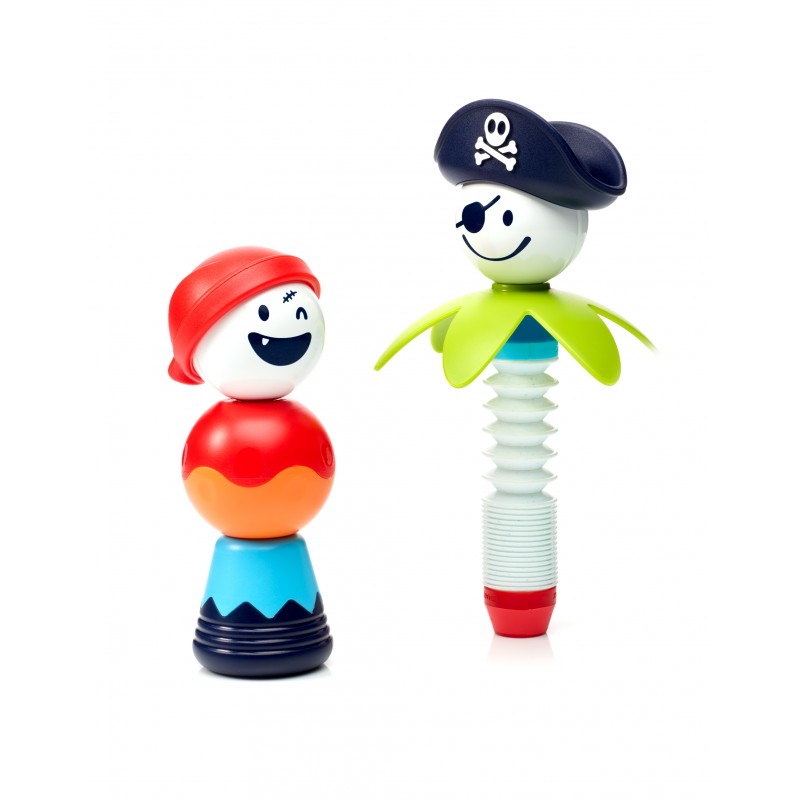Duas construções de figuras piratas SmartMax: uma com chapéu de pirata e outra com gorro vermelho, demonstrando a montagem modular.