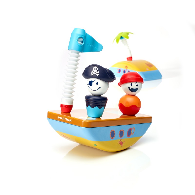 Navio pirata magnético SmartMax My First Pirates montado com duas figuras de pirata coloridas e um mastro com mola.