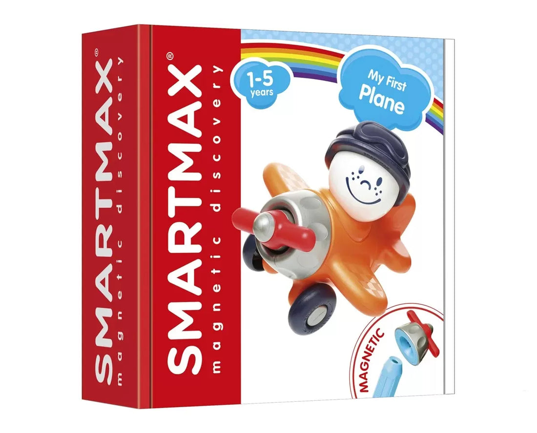 Caixa do SmartMax My First Plane, mostrando o avião e o piloto, com fundo colorido e indicação da faixa etária (1-5 anos).