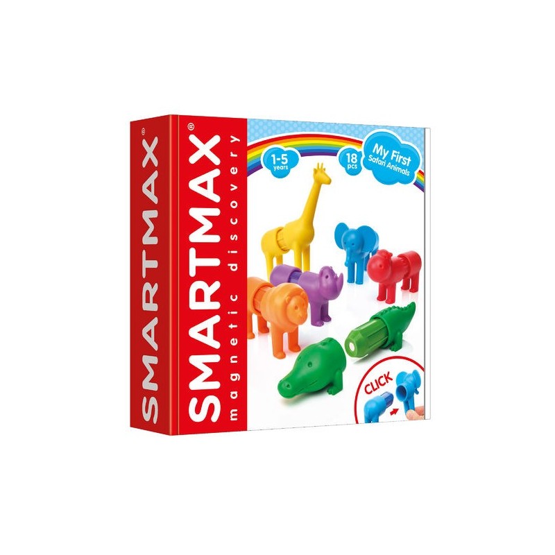 Caixa do SmartMax My First Safari Animals mostrando os seis animais que podem ser construídos com as peças magnéticas.
