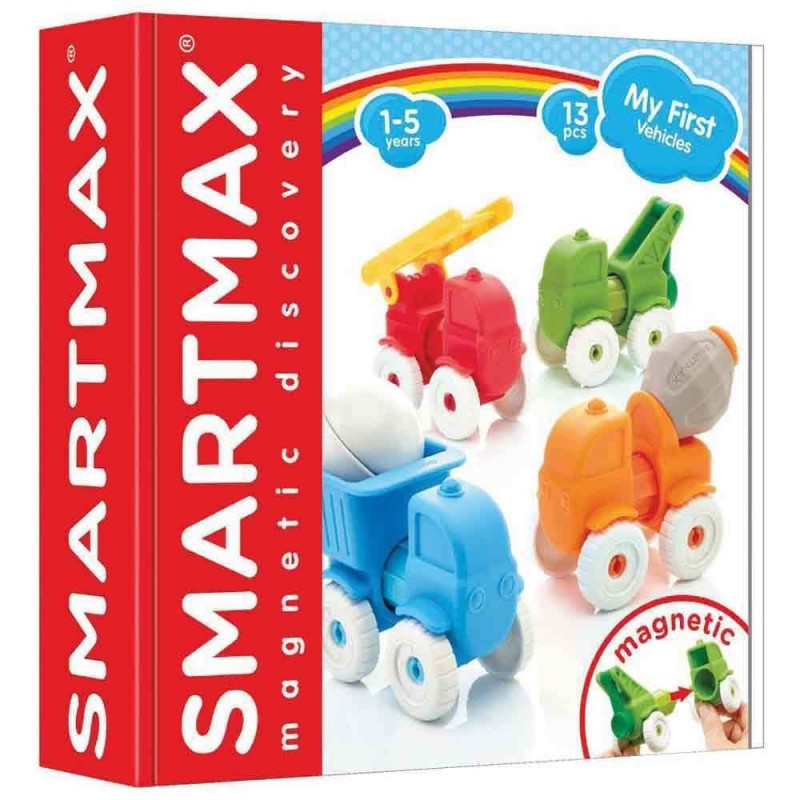 Caixa do SmartMax My First Vehicles com os quatro veículos magnéticos coloridos: caminhão basculante, grua, betoneira e carro de bombeiros. Ideal para crianças de 1 a 5 anos.