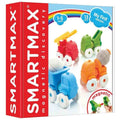 Caixa do SmartMax My First Vehicles com os quatro veículos magnéticos coloridos: caminhão basculante, grua, betoneira e carro de bombeiros. Ideal para crianças de 1 a 5 anos.
