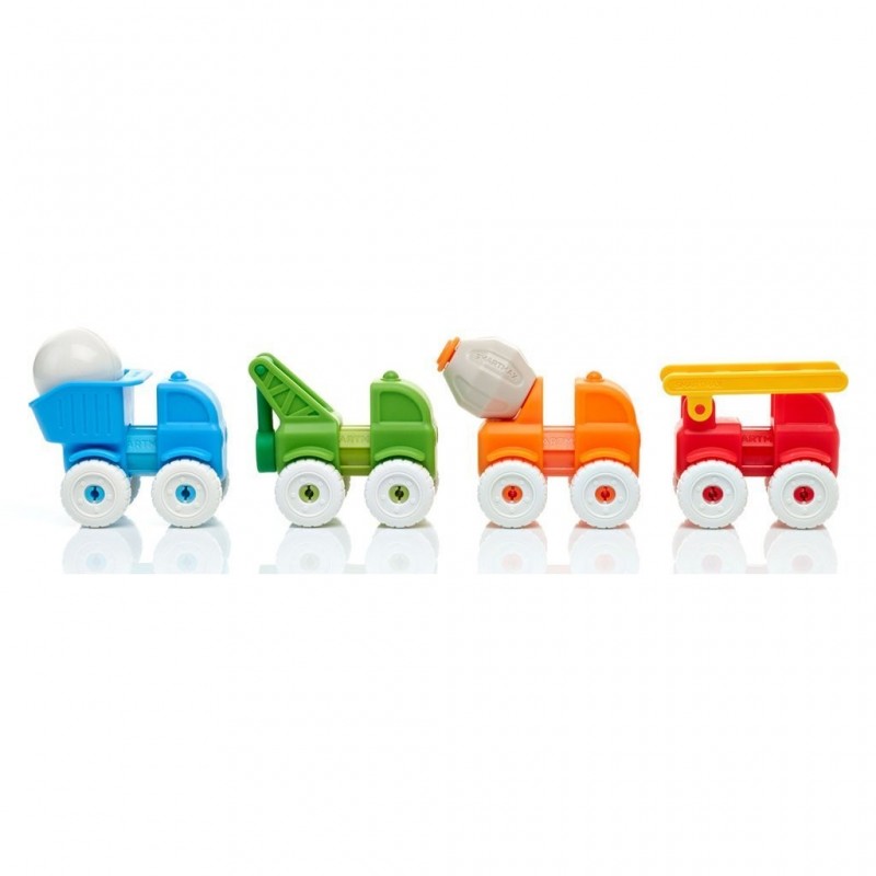 Caixa do SmartMax My First Vehicles com os quatro veículos magnéticos coloridos: caminhão basculante, grua, betoneira e carro de bombeiros. Ideal para crianças de 1 a 5 anos.