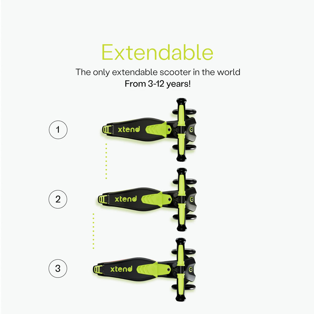 Demonstração da base extensível da trotinete Smartrike Xtend em três posições, ilustrando o crescimento do produto dos 3 aos 12 anos.