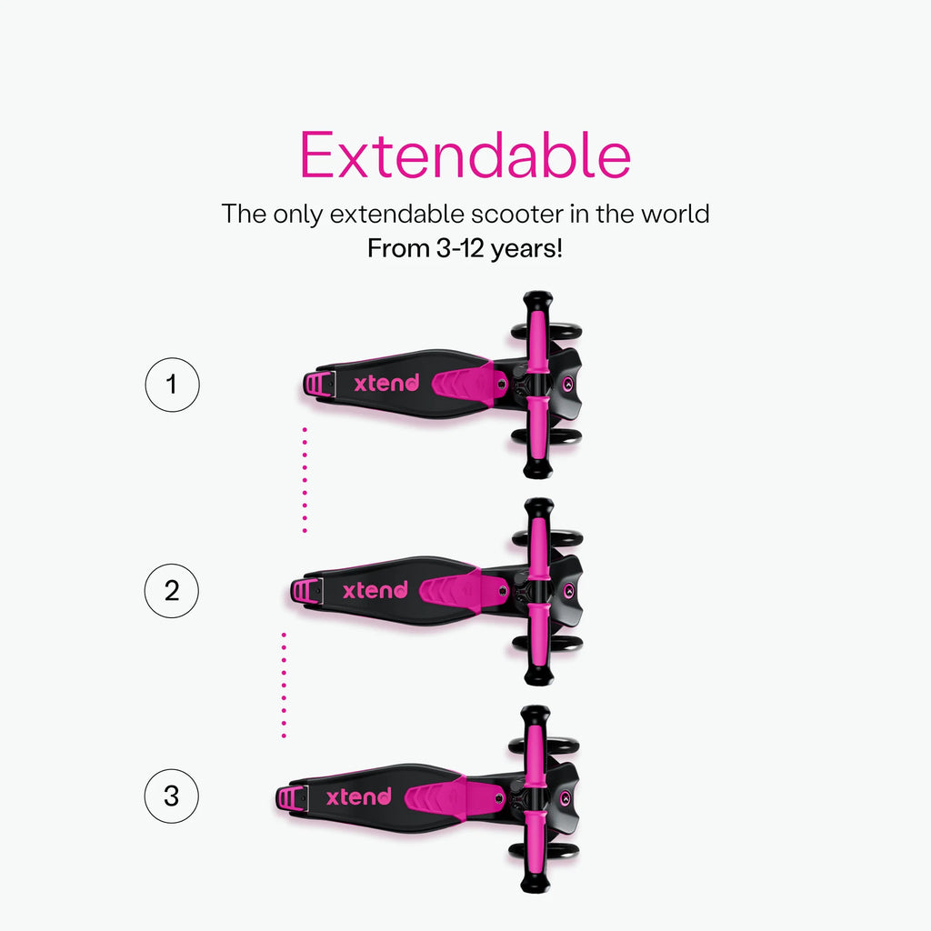 Demonstração da base extensível da trotinete Smartrike Xtend em três tamanhos progressivos (1, 2, 3), ilustrando o crescimento de 3 a 12 anos.