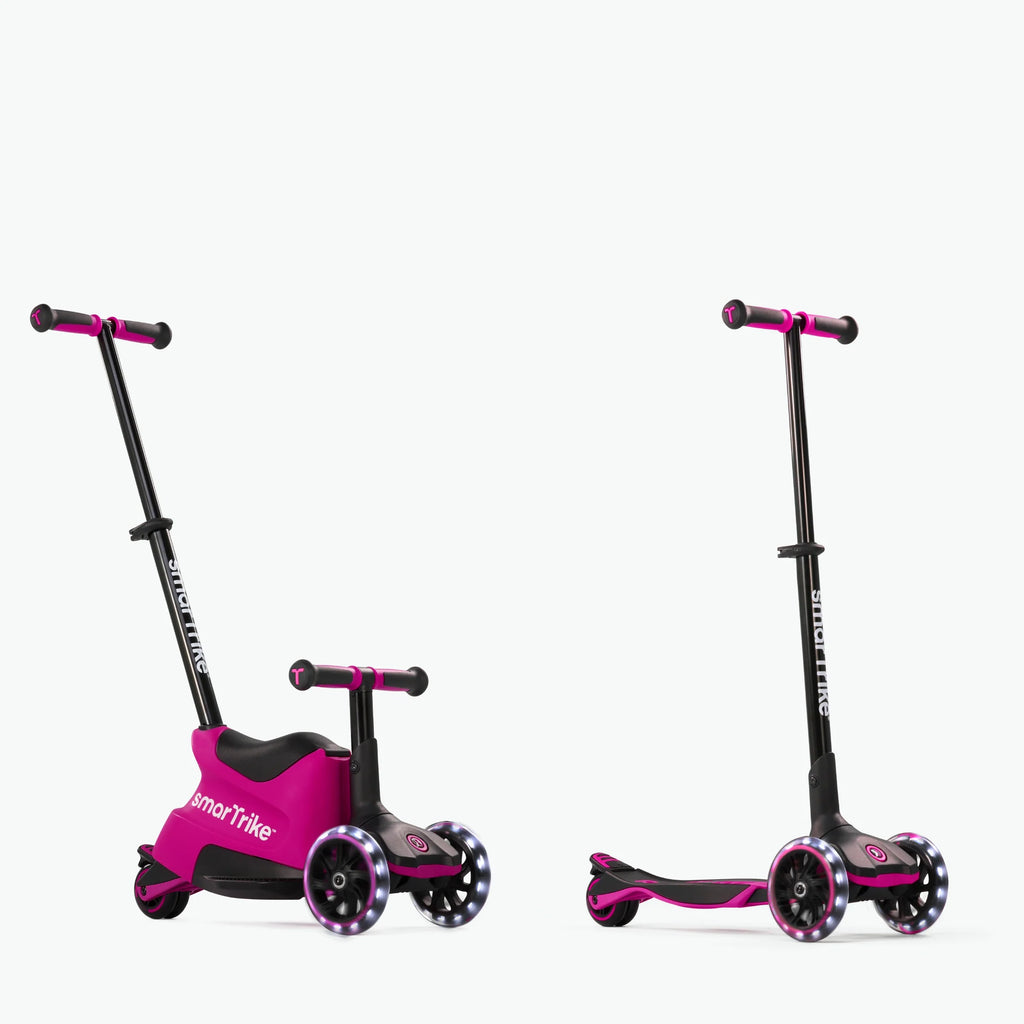 Comparação da trotinete evolutiva Smartrike Xtend em dois modos: modo ride-on com assento e modo trotinete independente, ambas com rodas LED.