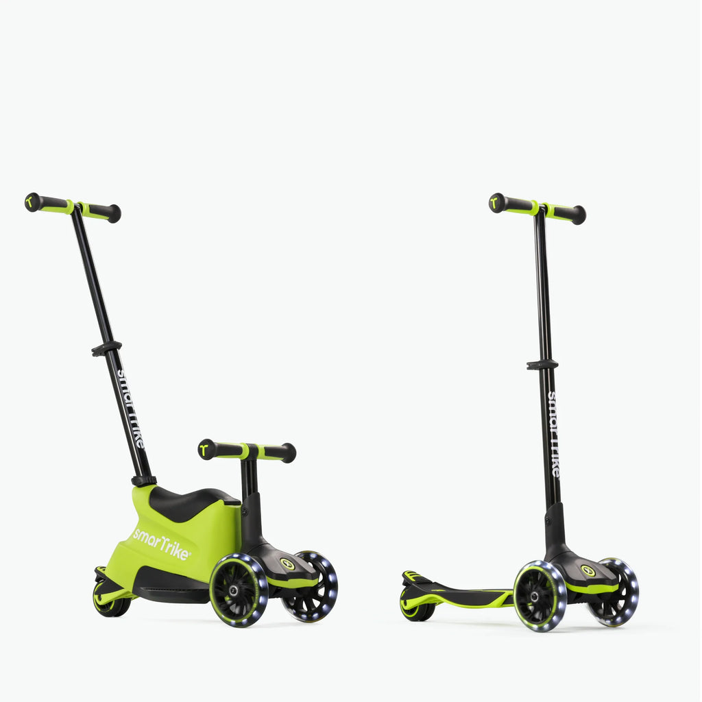 Comparação da Trotinete Evolutiva Smartrike Xtend em modo Ride-on com pega de controlo parental e modo Trotinete independente.
