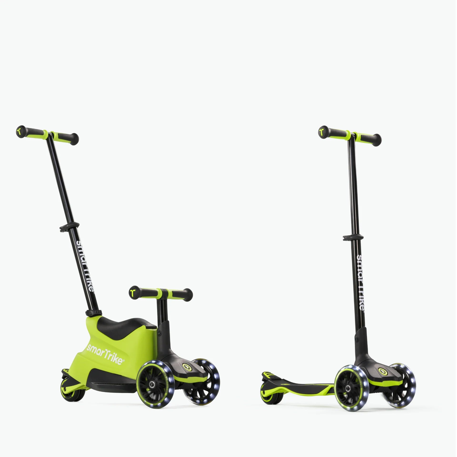 Comparação da Trotinete Evolutiva Smartrike Xtend em modo Ride-on com pega de controlo parental e modo Trotinete independente.